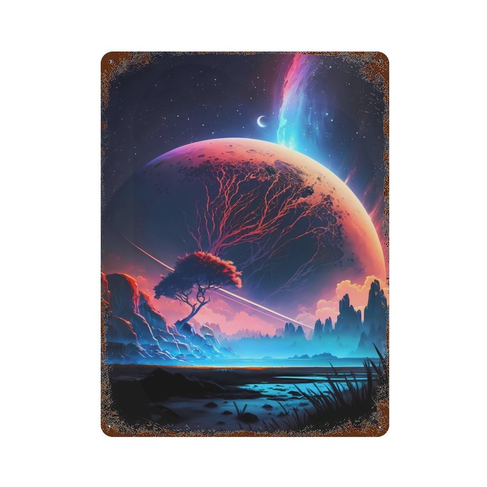Distressed Metal Wall Sign Fantasy Planet Connection 15.7"x11.8", Vintage Wall Decor for Cafe, Home Bar And Lounge Decor