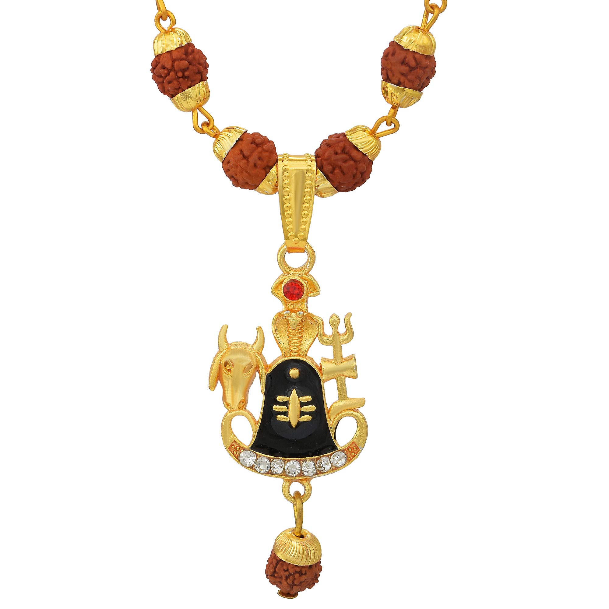 Gold Plated CZ Lord Shiva Mahadev Symbols Trishul Pind Nandi Naag Religious Panchmukhi Rudraksha Mala Pendant Locket Necklace Temple Jewelry for Men Women-image-3