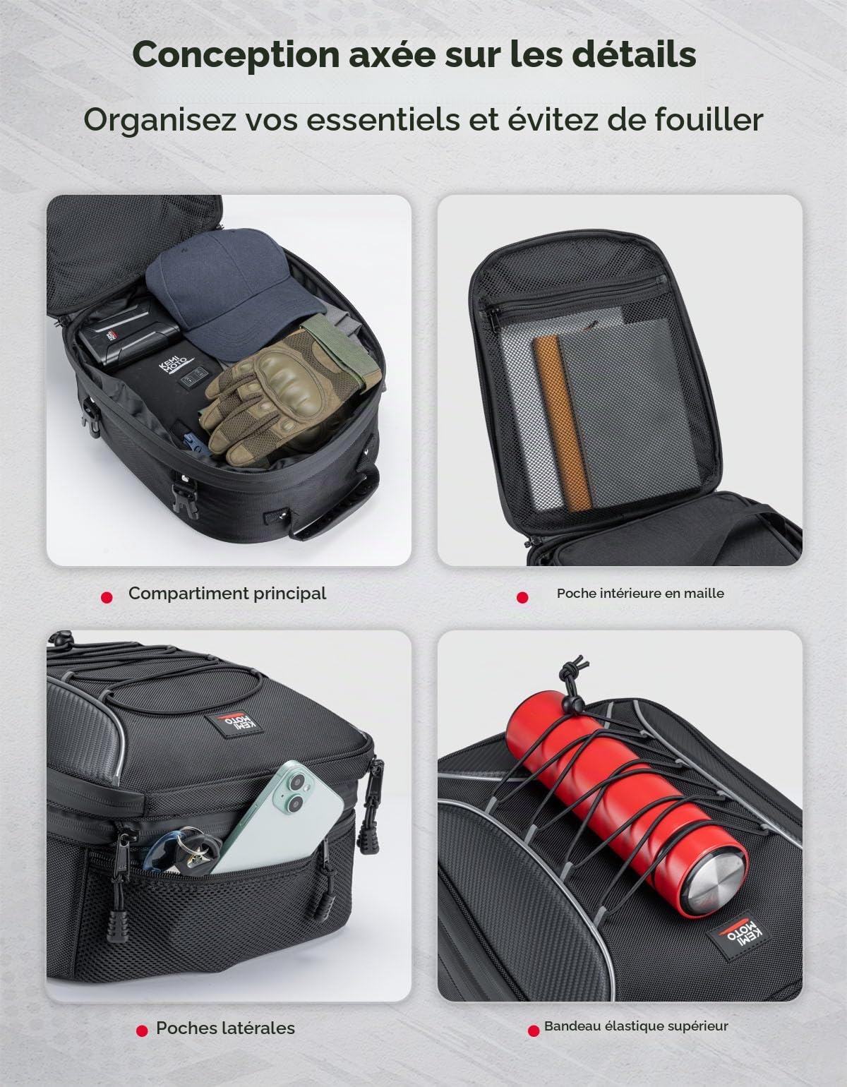 KEMIMOTO Sac de Selle de Moto, 22L-34L Sac Arrière à Double Usage avec 10 L Sacoche Isotherme, Sacoche à Casque Extensible pour la Plupart des Moto