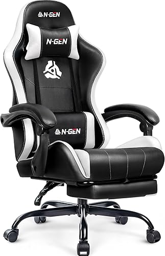 N-GEN GAMING Silla de videojuegos con reposapiés, soporte lumbar para el hogar, oficina, respaldo alto, reclinable, altura ajustable, ergonómica,