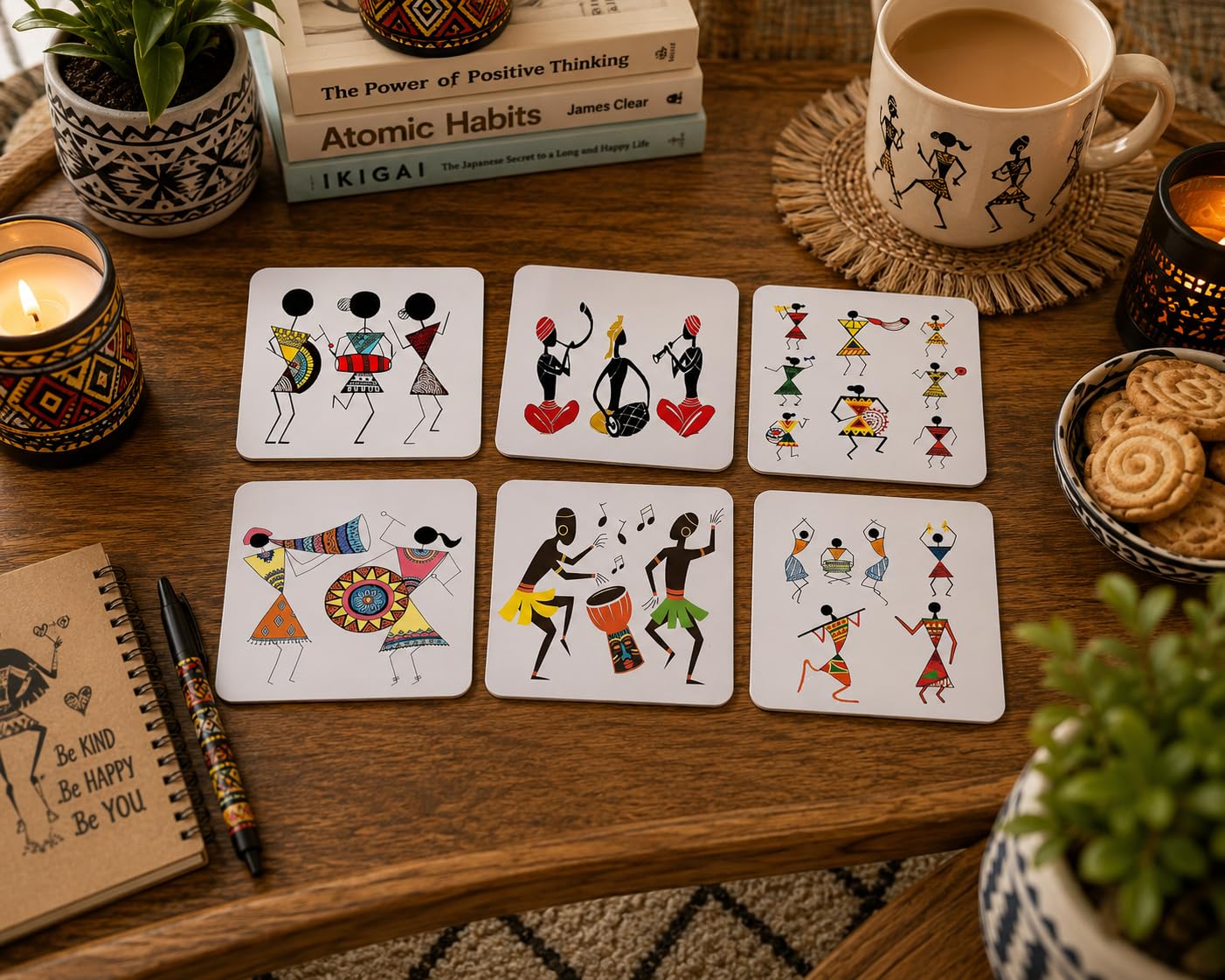 Tajnan Warli Art Coasters – Set of 6 | Tribal Folk Art Decorative Table Coasters for Tea, Coffee & Beverages-image-40