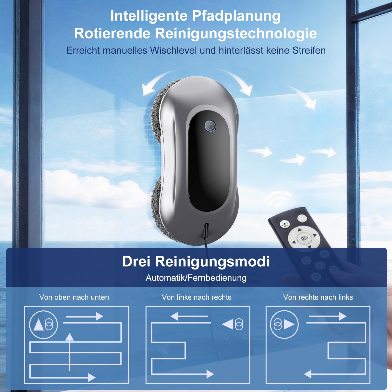 Fensterputzroboter, 6000Pa, Doppel‑Sprühfunktion, für Fenster, Glastüren