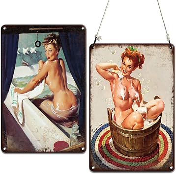 2 Pcs Vintage Pin Up Girl Wall Decor, Get Naked Women Metal Sign Art Plaque | Eye-catching Sexy Style Posters for Man Cave, Bar, Cafe, Bathroom, Basement | Classic & Novelty Decoration, 11.8 x 7.9 inches