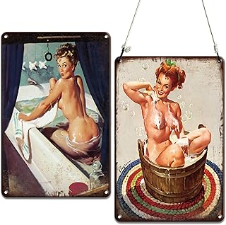 DueHoppee Pin Up Girl Wall Art, Vintage Get Naked Women Sign, Funny Decoration Posters,Sexy Metal Plaque Set for Man Cave, Bar, Cafe, Bathroom, 11.8 x 7.9 inches, 2-Piece Set