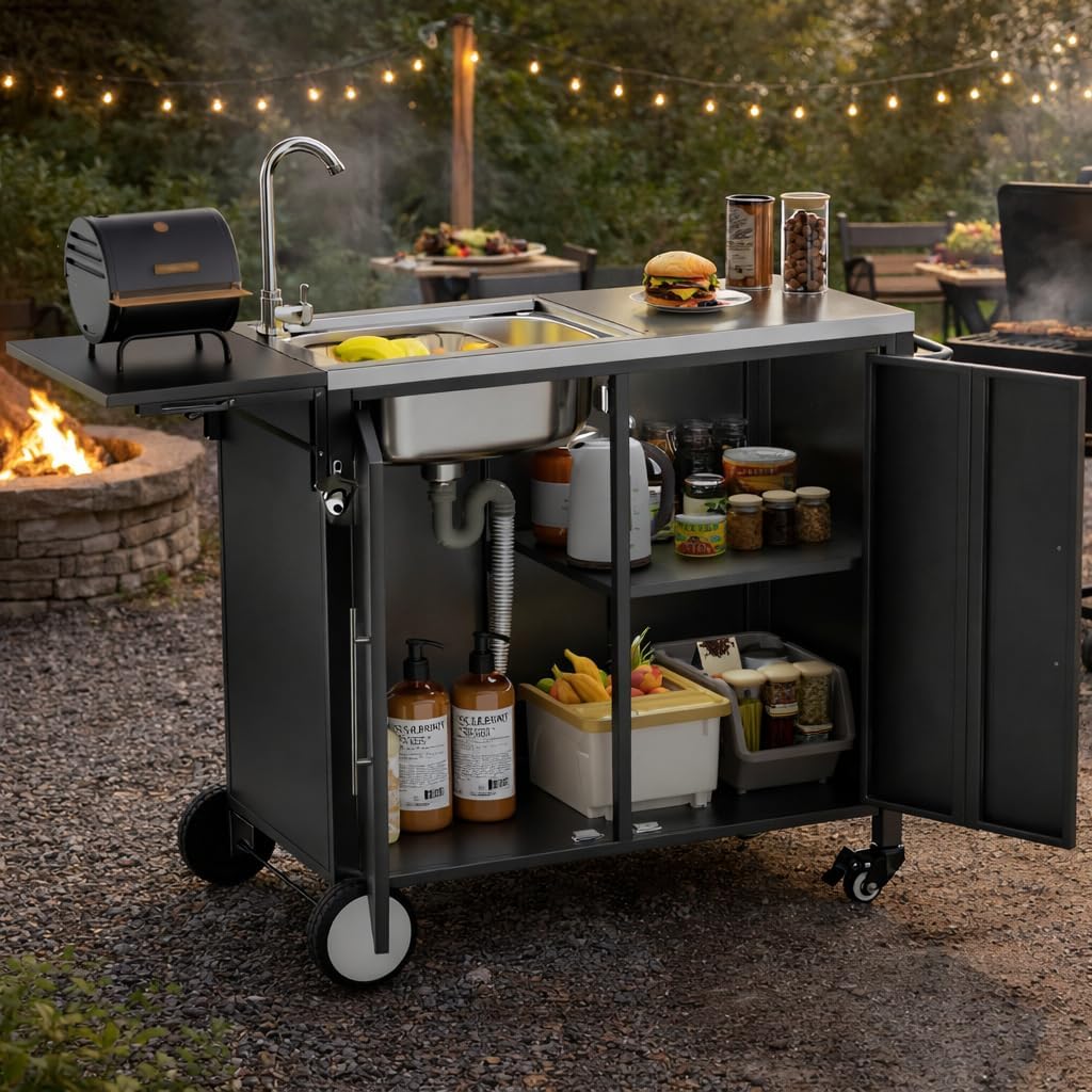 Outdoor Grill Cart Table, Stainless Steel Tabletop & Storage Cabinet & Hooks Kitchen Island on Wheels, BBQ Prep Tables for Outside Grill for Patio, Backyard & Camping (Black -a)