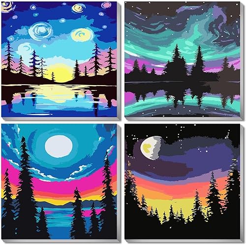 Kits de pintura por números de 4 paquetes para adultos con marco, pintura por números para principiantes, lienzo con marco, kit de pintura para