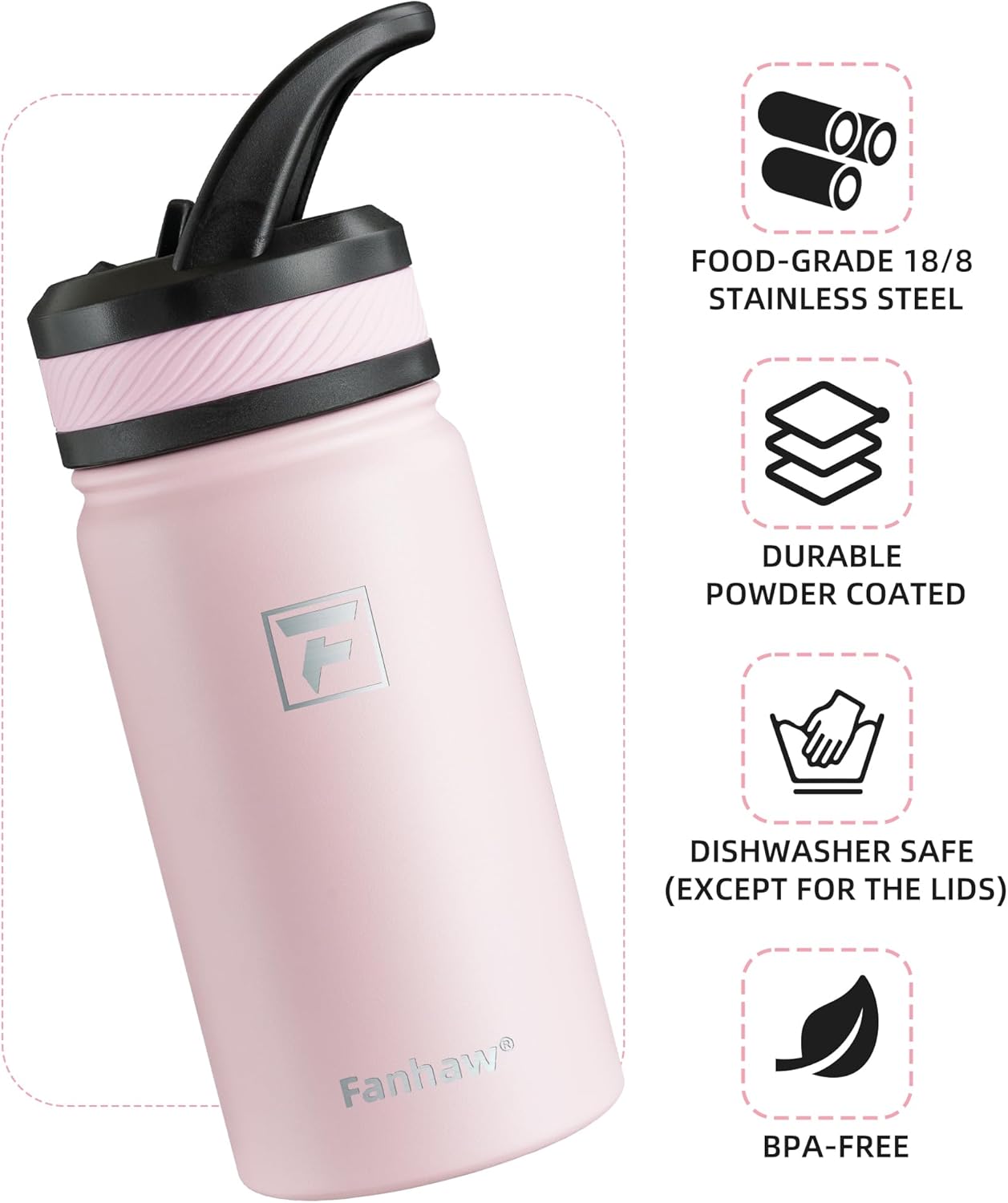 Fanhaw 14 Oz Kids Insulated Water Bottle with Straw Lid – Stainless Steel Double Wall Vacuum, Leak-Proof, BPA-Free Water Bottles for School Boys & Girls(Pink) - Image 3