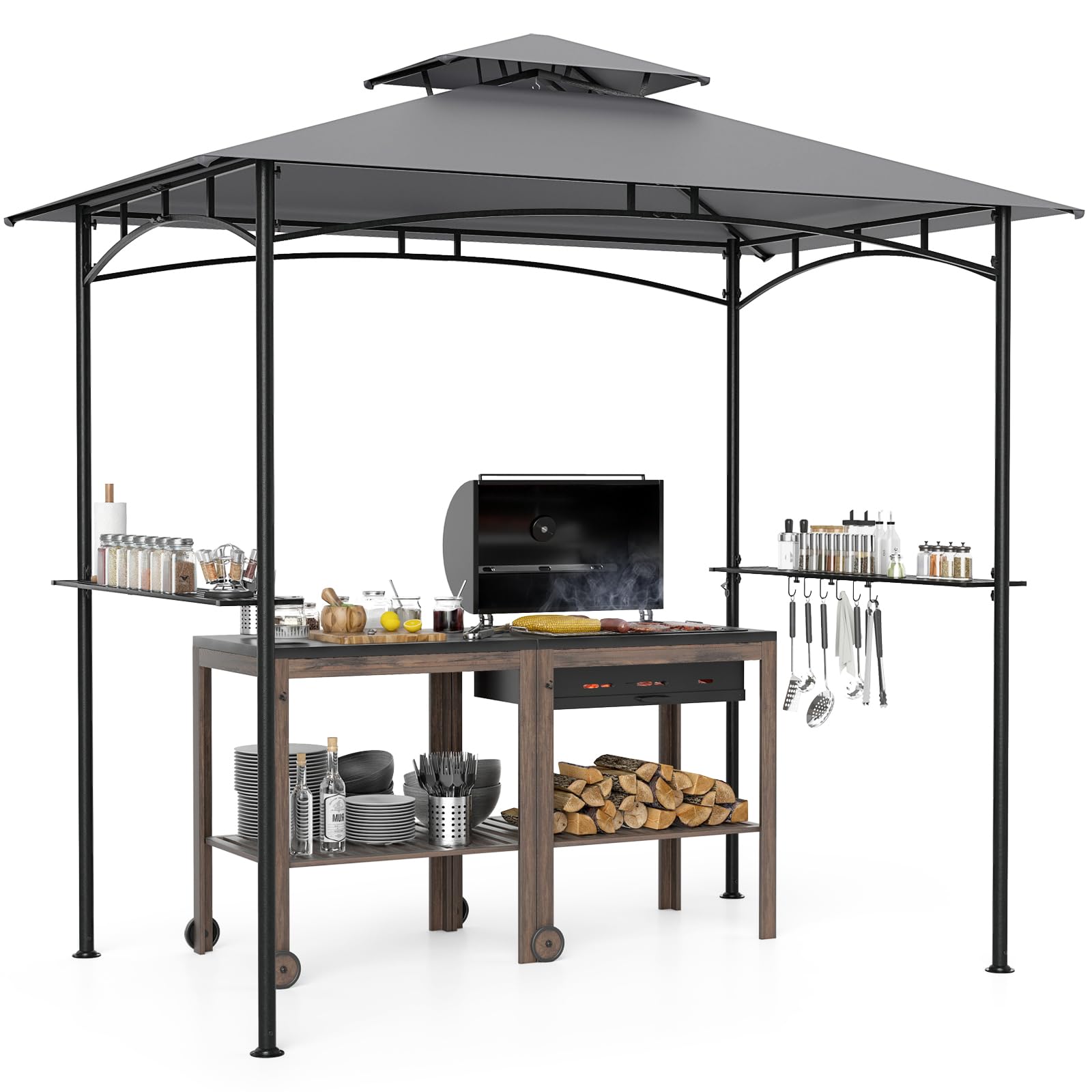 HOMASIS Cenador para Barbacoa con Techo Lateral, Pérgola de Jardín con Doble Techo, 2 Mesas y Ganchos, Carpa Cargada Exterior, Toldo Pergola para Parrilla (Gris + Negro, 242x150x250cm)