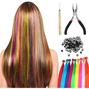 Pack of 100 Colourful Hair Strands for Braiding Hair Strands for Clip-in Children Colourful Hair Extension Set with Pliers Hooks Hair Extensions for Party Festival Decoration 12 Random Colours