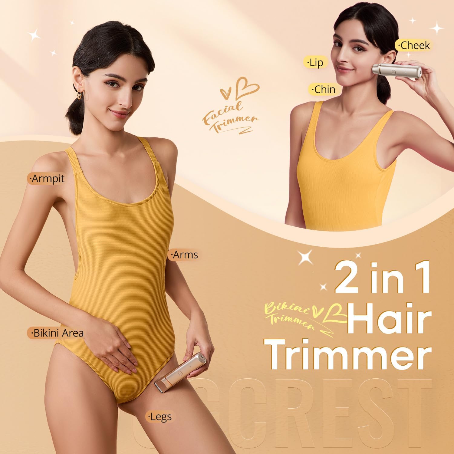 VG VOGCREST Bikini Trimmer for Women: 2-in-1 Rechargeable Painless Body Shaver - Portable Travel-Friendly Pubic Grooming Kit for Underarm Leg Arm