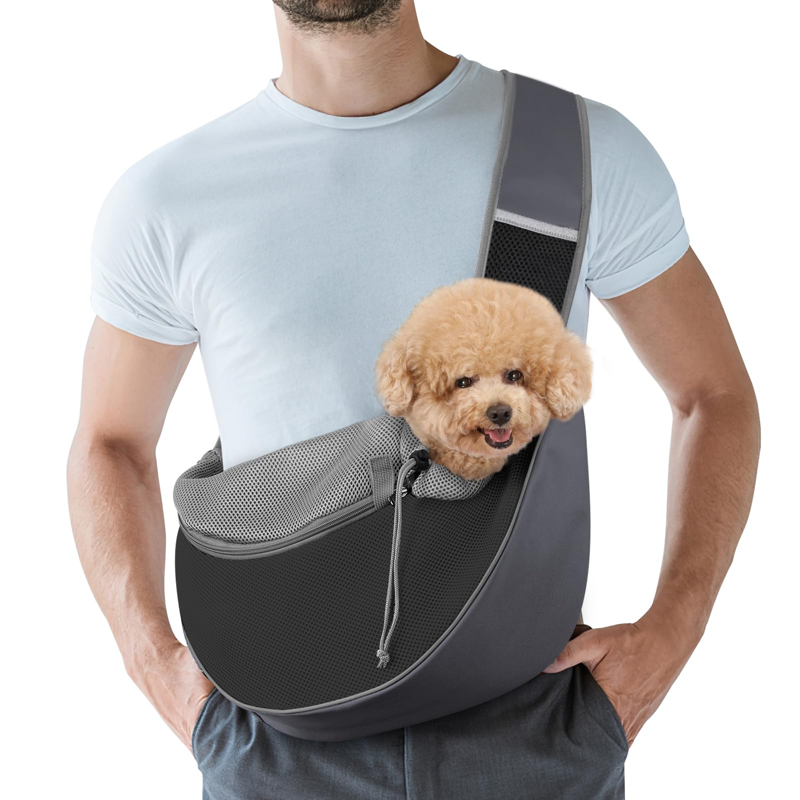 Pawaboo Zaino per Cani e Gatti, Contenitori da Trasporto per Cani, Trasportino da Passeggio con Cordino Regolabile, in Rete Traspirante e Comoda Tracolla, con 3 Tasche, Taglia M, Grigio Scuro + Nero