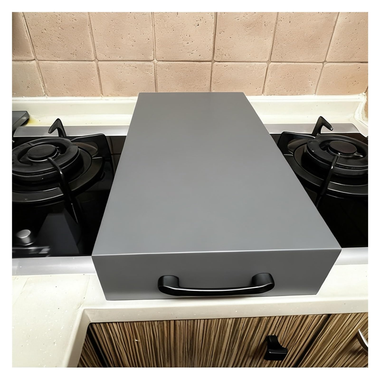 Couvre-plaque de cuisson pour cuisinière à gaz housse en bois grise avec poignées 62cm