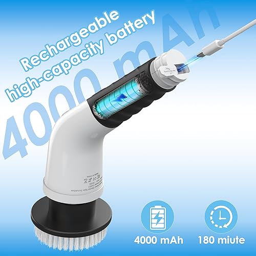 Miniatura 7 de Limpiador eléctrico giratorio, cepillo de limpieza inalámbrico, 3 velocidades, 7 cabezales de cepillo reemplazables y mango largo desmontable,