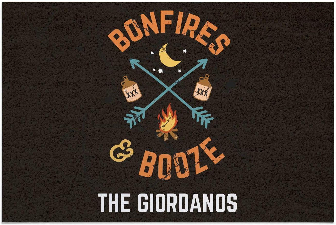 Bonfire and Booze Personalized Doormat - Black Custom Entry Door Mat with Name Printing on Durable 1/8" Thick Low Profile Welcome Mat, Indoor Outdoor, Non Slip Rubber Backing, Rectangular, 18x27