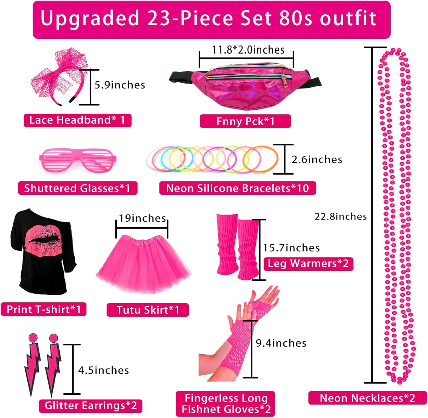 Upgraded 80s Outfit Costume for Women,80s Party Costume Accessory Sets with T-Shirt Tutu Skirt Waist Pack etc - Image 2