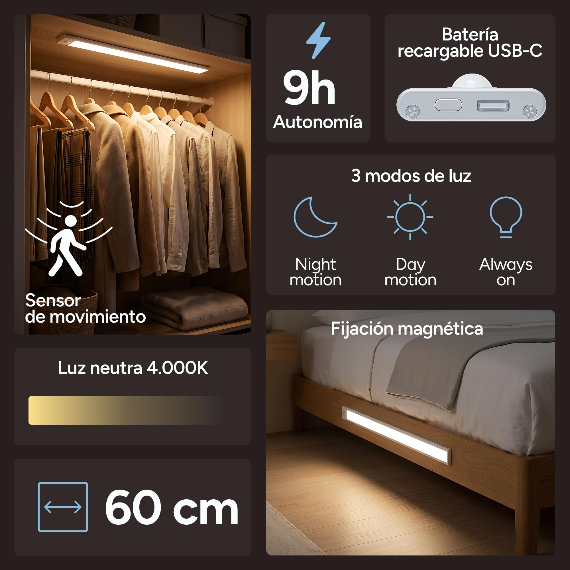 TIRA ILUMINACION LED CON SENSOR KSIX BATERIA 60CM BLANCO