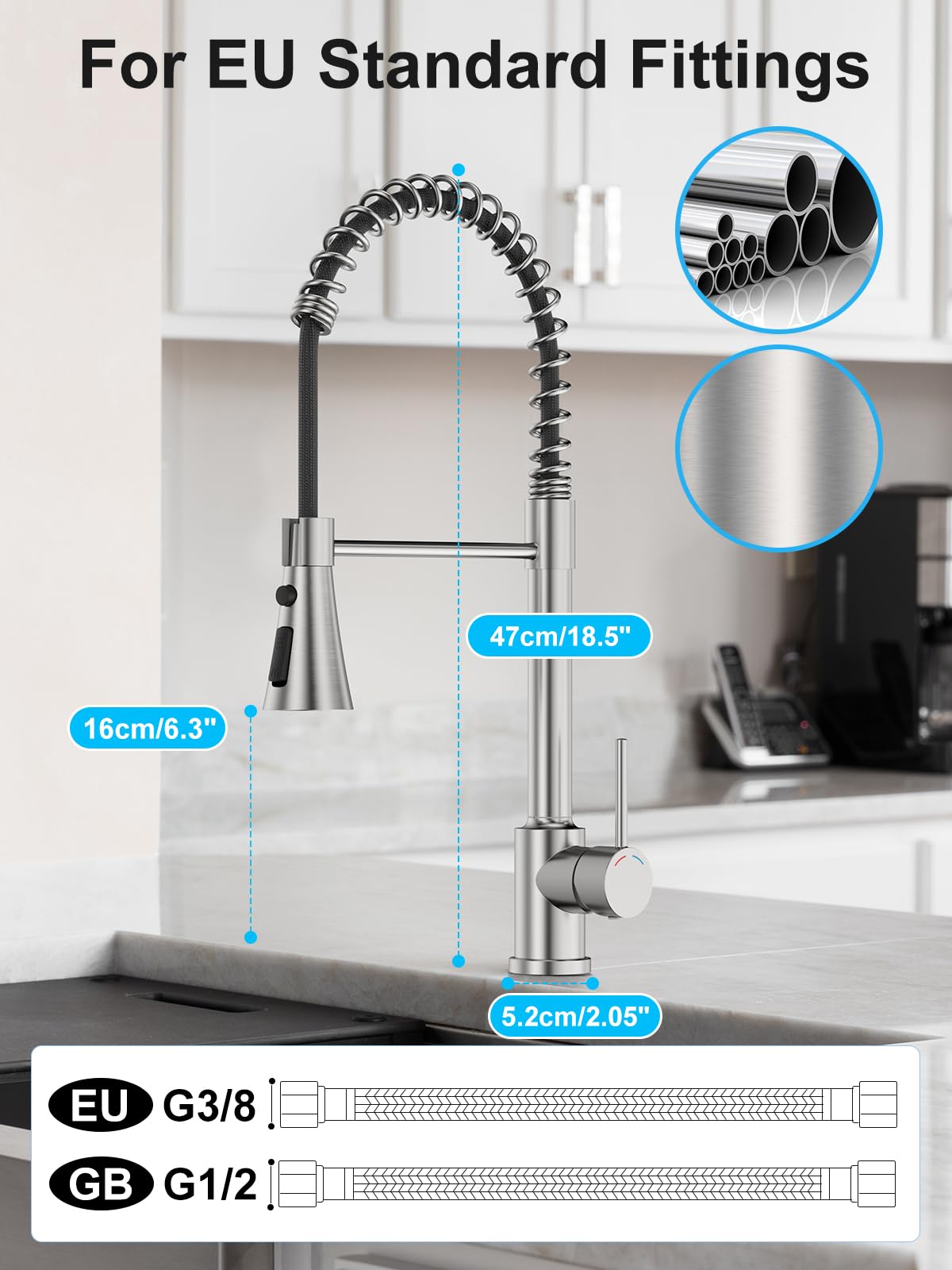 Grifo de Cocina con Ducha Extraíble – Grifo Fregadero de Acero Inoxidable 304, Cabezal de 3 Funciones, Alta Presión, Monomando en Níquel Cepillado