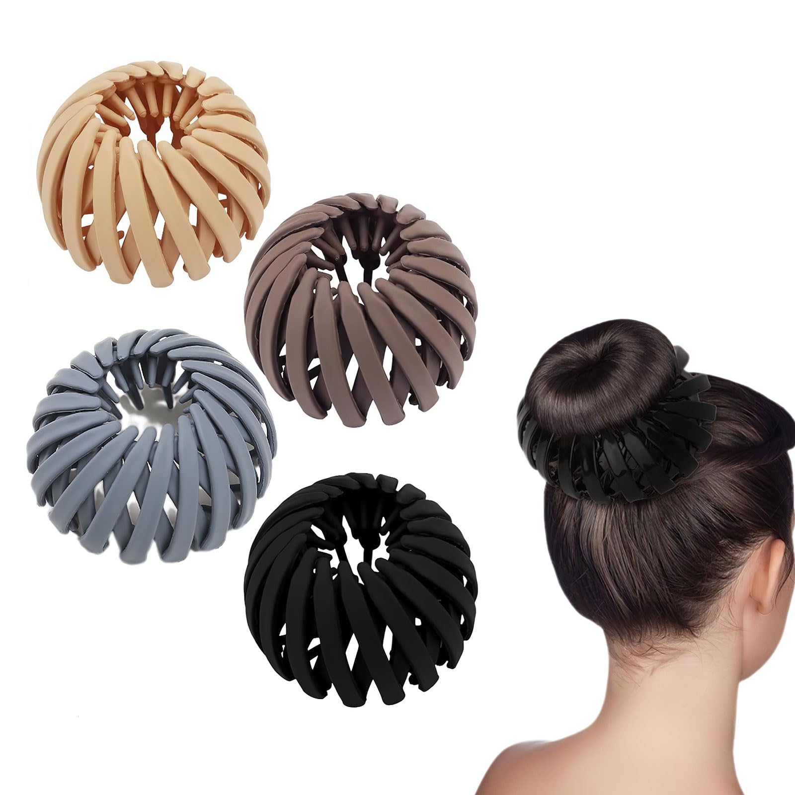 4 Pcs Bird Nest Hair Clips, Matte Plastic Expandable Nest Plate Hairpin for Thin Hair, Magic Lazy Clamps Ponytail Holder Bun Maker for Women(Black, Coffee, Light Pink, Beige)