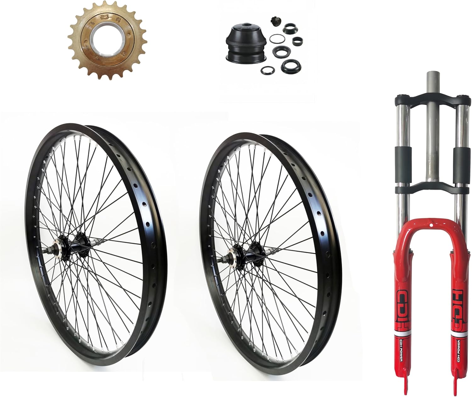 26 inch x 1.85" Heavy Duty Bike Rim Wheel Set & Red Fork & 22T Freewheel, 12 Gauge 48 Spokes Wheelset, Double Wall Aluminum Alloy 26" Bicycle Wheels Rims (Front & Rear) (Black) Disc Brake