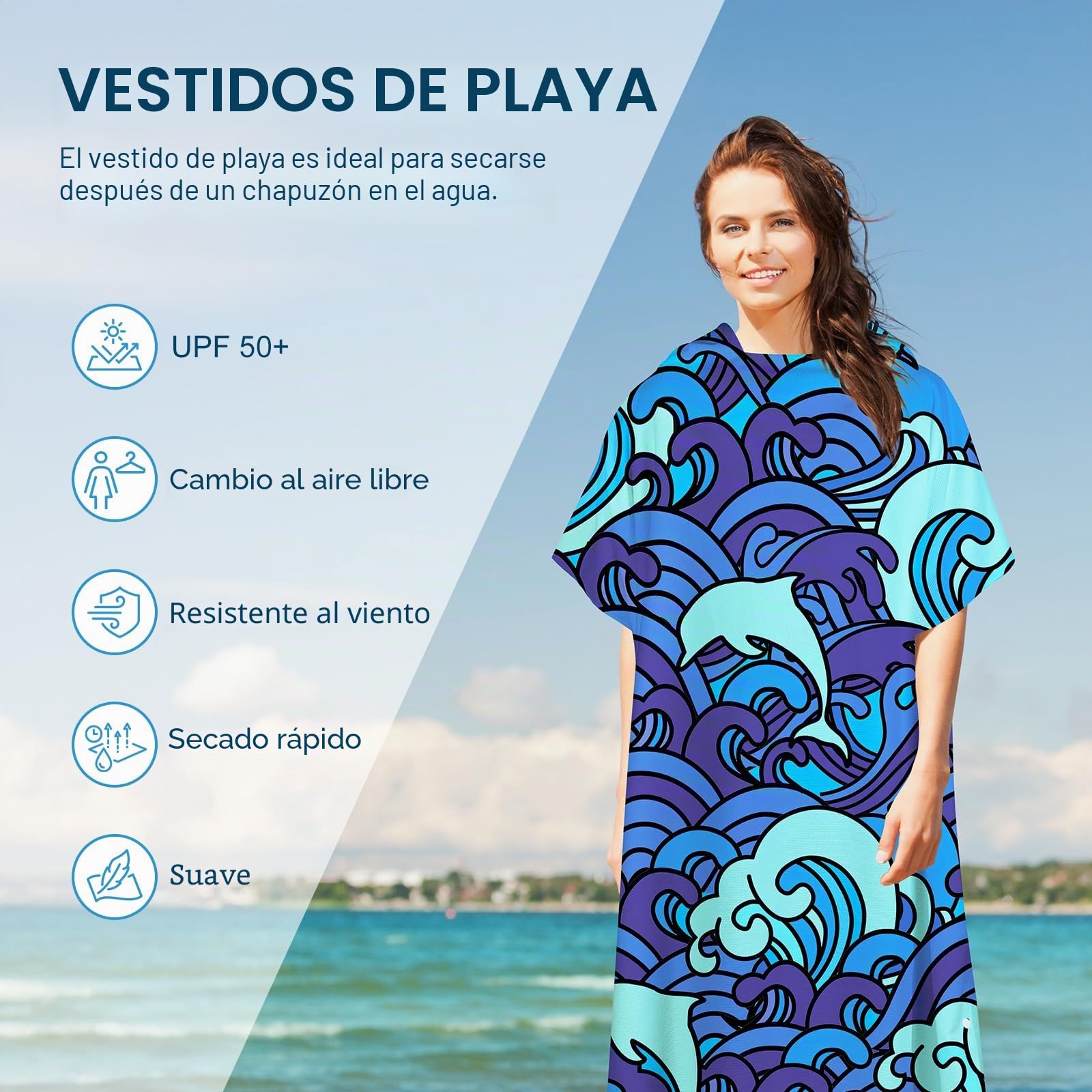 Toalla de Playa de Microfibra,90x105cm,Toallas Baño Grandes con Capucha,Toalla Gimnasio,Absorbente,Secado Rápido,Sin Arena,Ligero,Cambio de Aire Libre,Playa,Viajes,Sauna,Deportes,Olas Azules