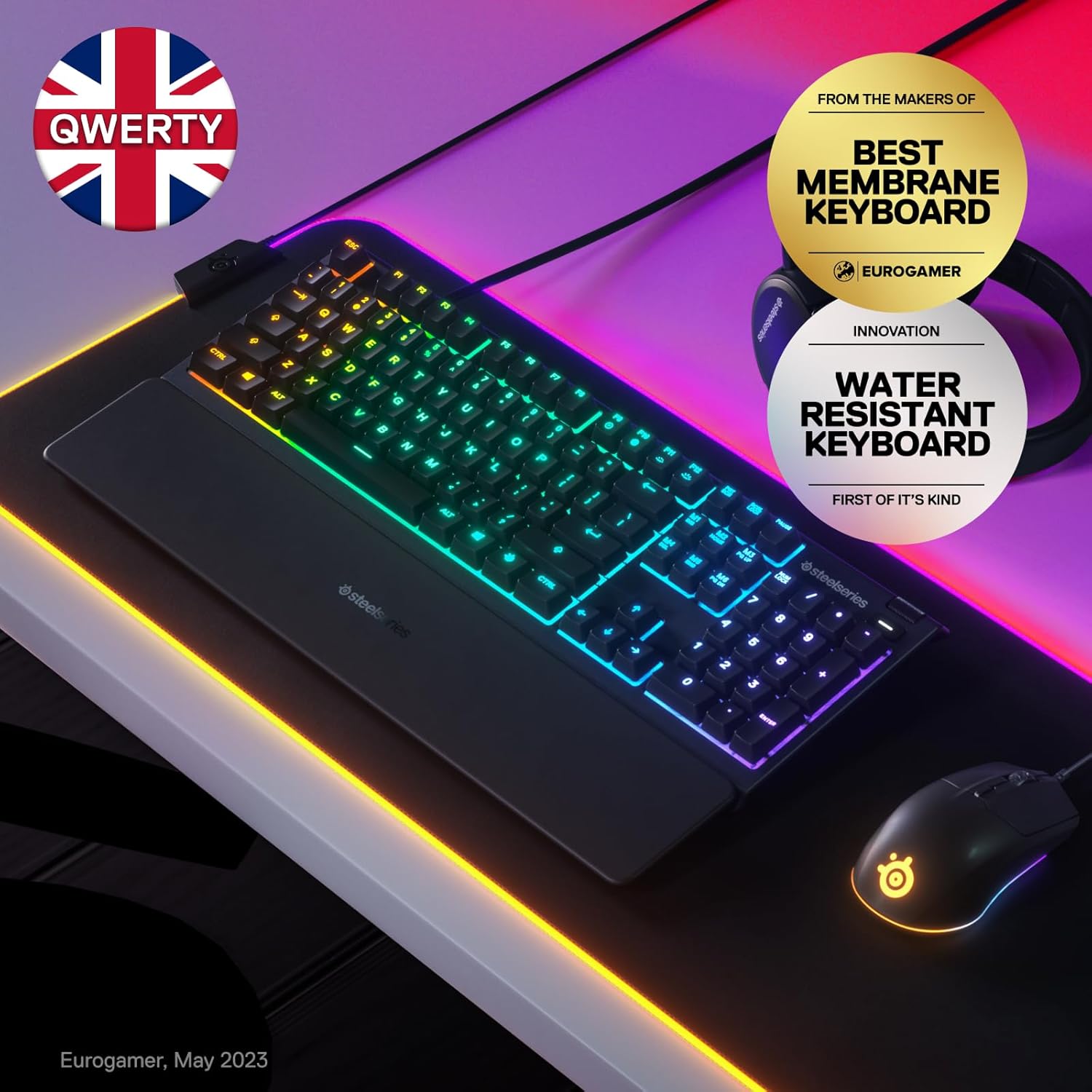 SteelSeries Apex 3 - Gaming Keyboard - Silent Gaming Keyboard - 10-Zone RGB Illumination - IP32 Water & Dust Resistant - Premium Magnetic Wrist Rest - English QWERTY Layout , Black UK English QWERTY