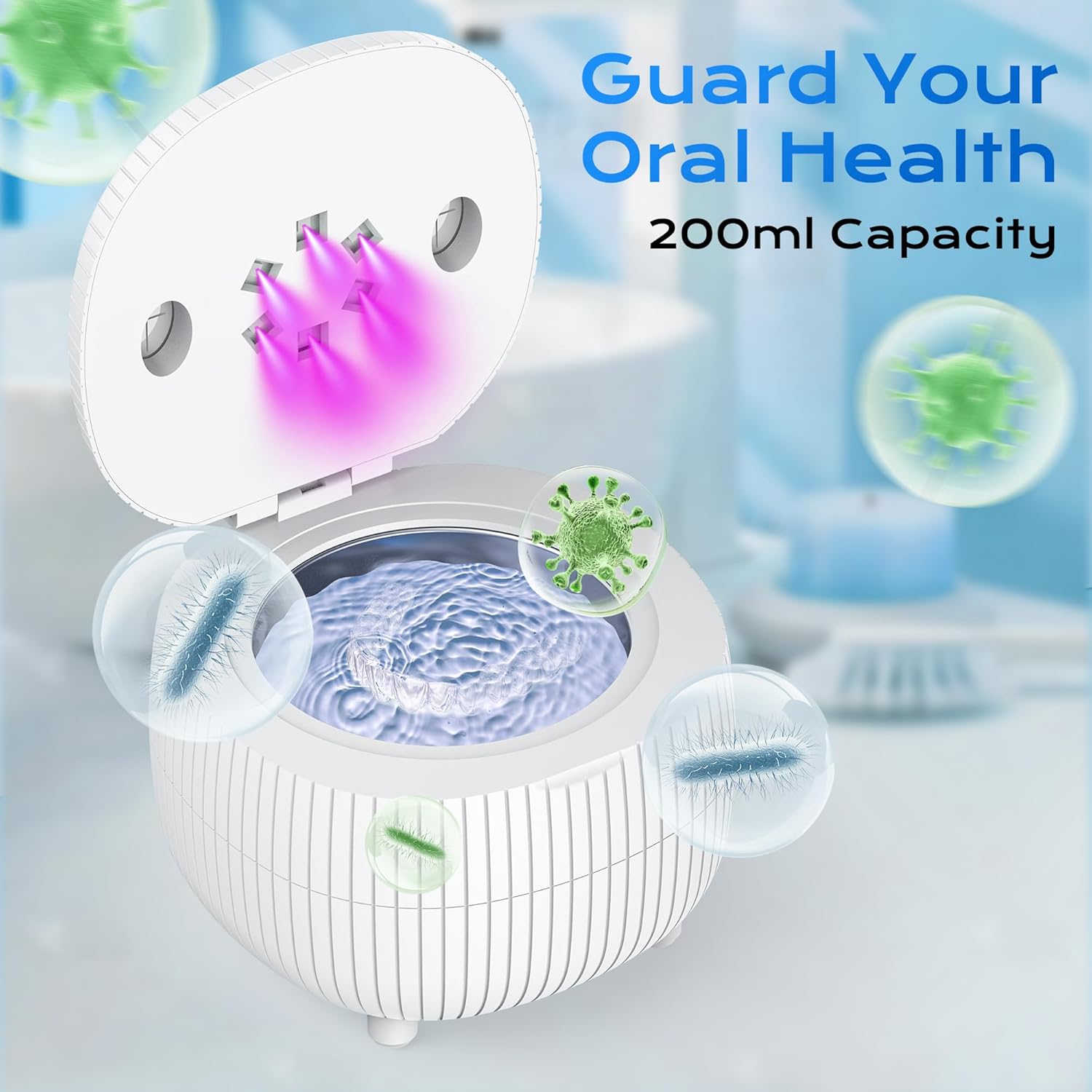 Ultrasonic Retainer Cleaner Machine, 45khz 25W Dental Cleaning Pod for Denture, Mouth Guard, Aligner, Night Guard, Braces, Ring and Jewelry, 200ml Portable - Image 4