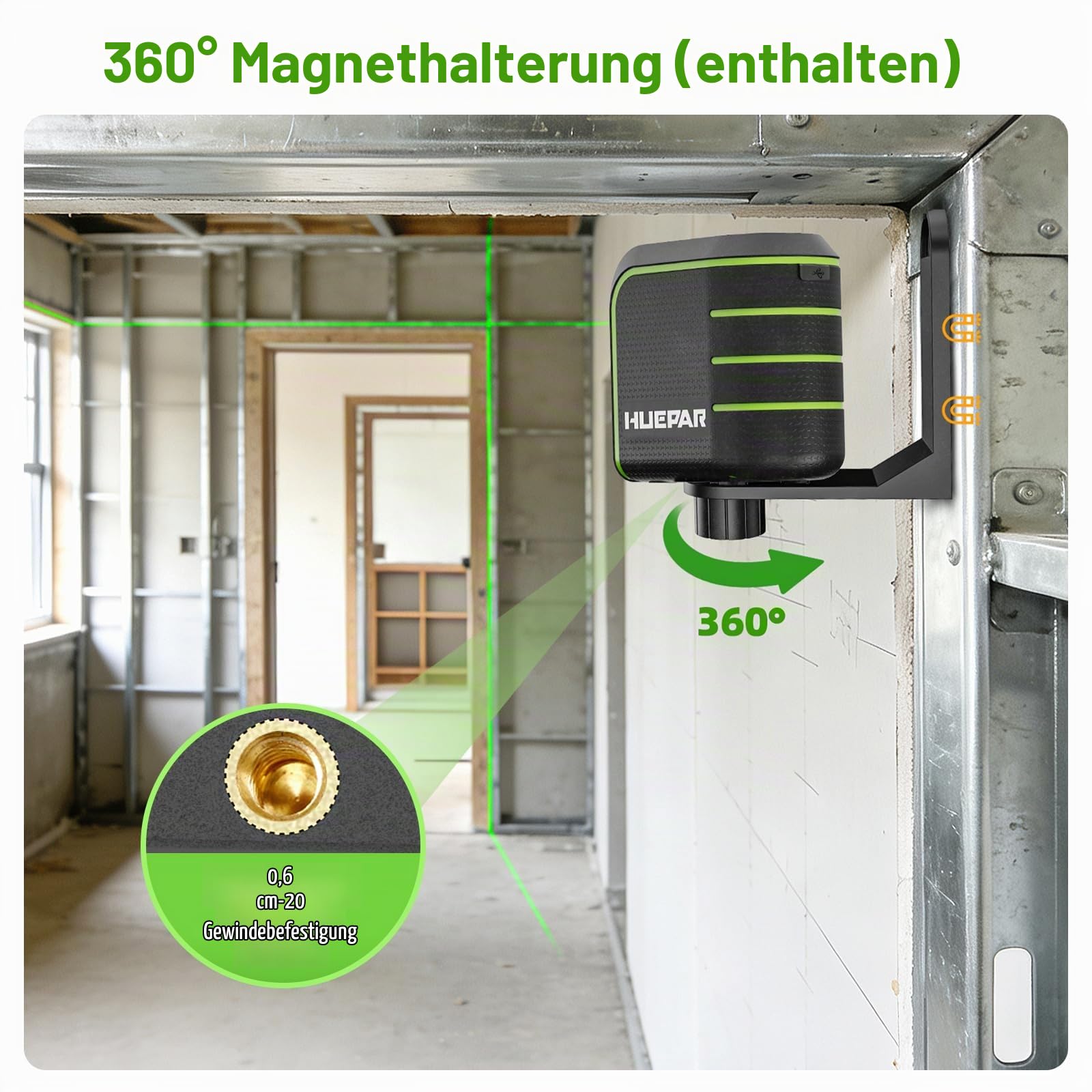 Huepar Kreuzlinienlaser Grün Selbstnivellierend mit Stativ 1,5 m, Sturzsicher bis 1m, 3° Automatische Nivellierung mit 360° Magnetfuß, Type-C, Pulsfunktion 50m, für Innenausbau & Renovierung, U011GTP