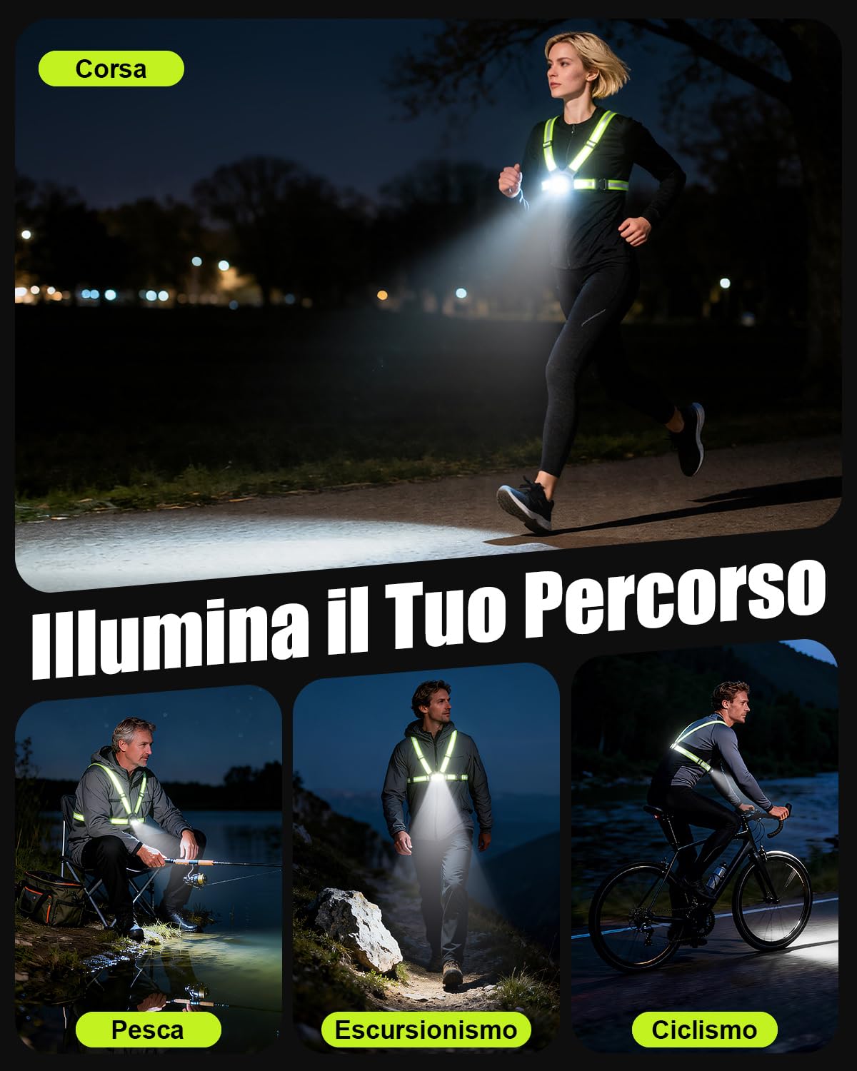 Babacom 500 Lumen Luce Running, Bretelle Giubbotto Catarifrangente con Riflettore, Fascio Regolabile a 45° e Impermeabilità IPX4, Torcia Frontale 1800mAh Ricaricabile per Corsa/Ciclismo/Camminate