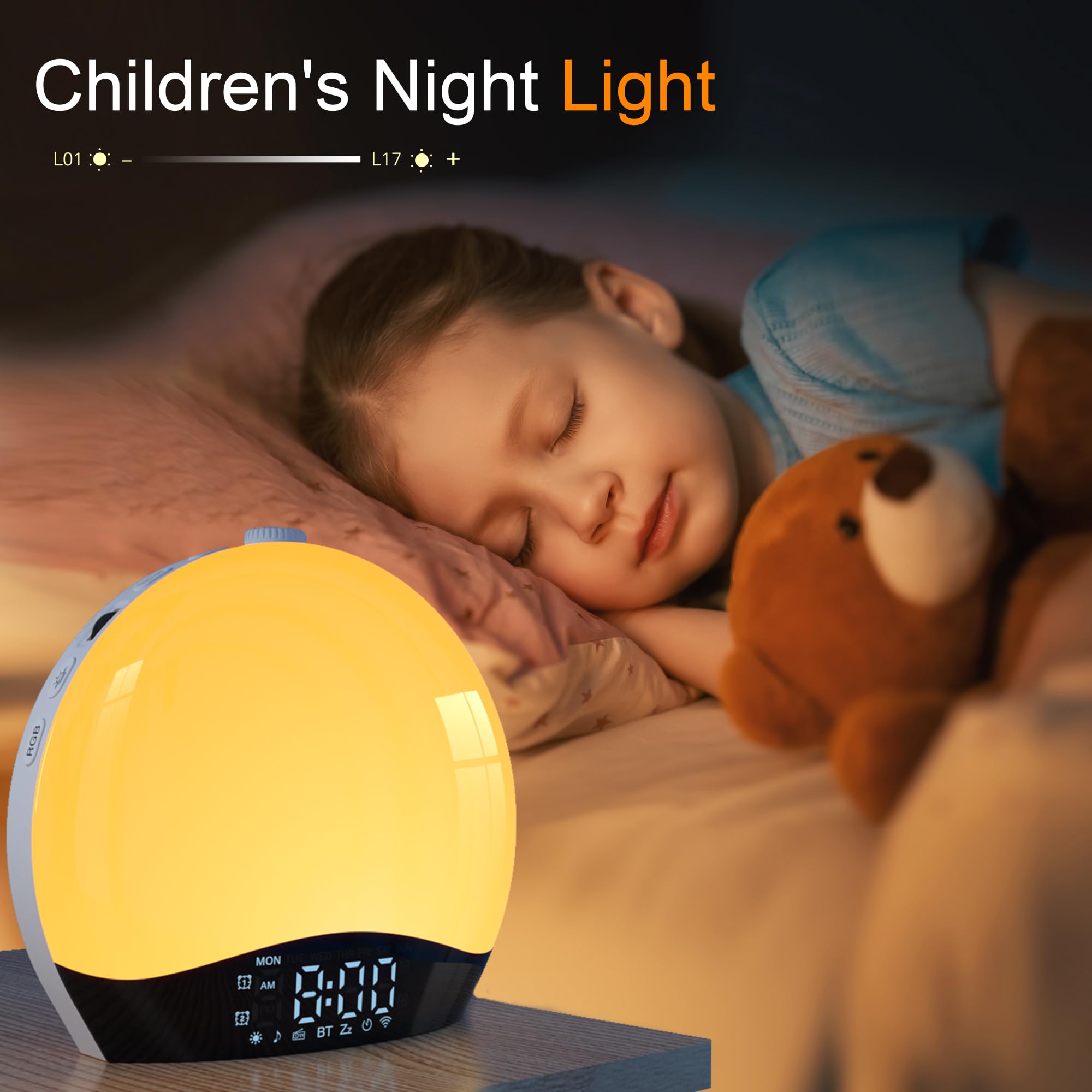Réveil Lumineux avec Enceinte Bluetooth, Simulateur d'Aube, Radio Réveil Numérique, Lampe de Chevet Multicolore, Snooze, 22 Sons de Sommeil, Minuterie, 20 Luminosités