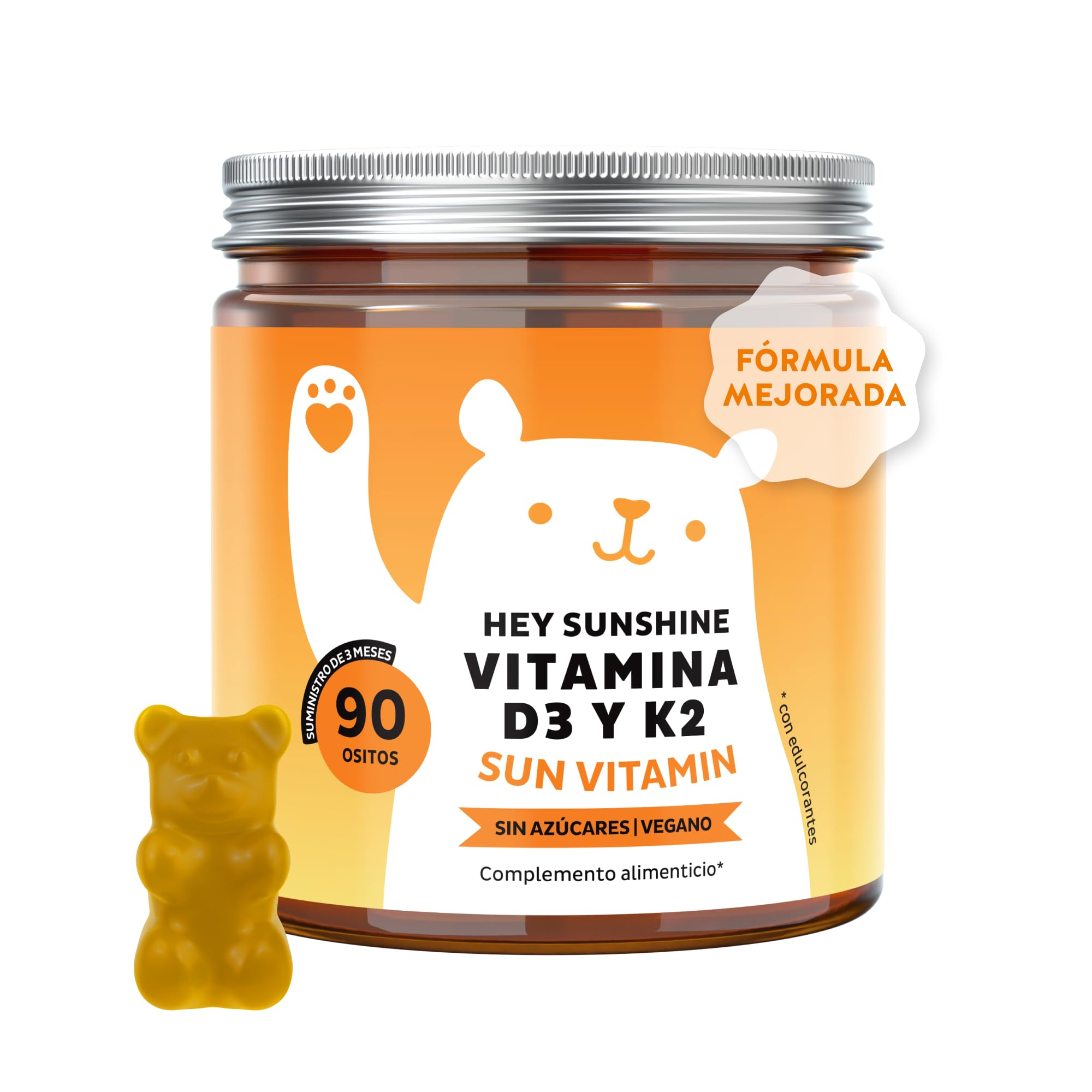 Vitamina D3 K2 - Hey Sunshine – Gominolas con vitamina D3 25 µg (1000 UI) y K2 – Función normal del sistema inmunitario – 90 unidades (3 meses) – Sin azúcar, Veganas – Bears with Benefits | Hey Sunshine Sun - Vitamina D3 25 µg (1000 UI) y K2 - Cuidado de