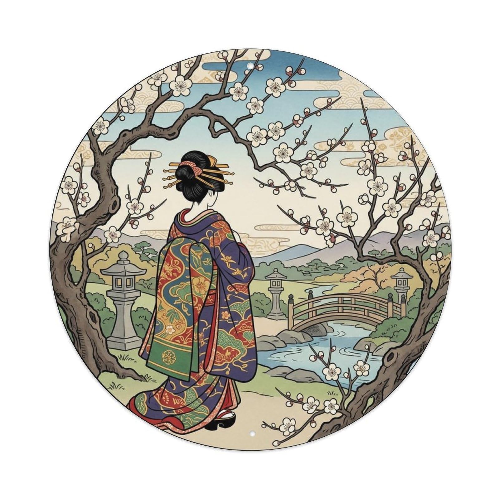 Yrnq 8X8inch Vintage Style Japanese Geisha White Plum Garden Observing Heritage Metal Tin Sign