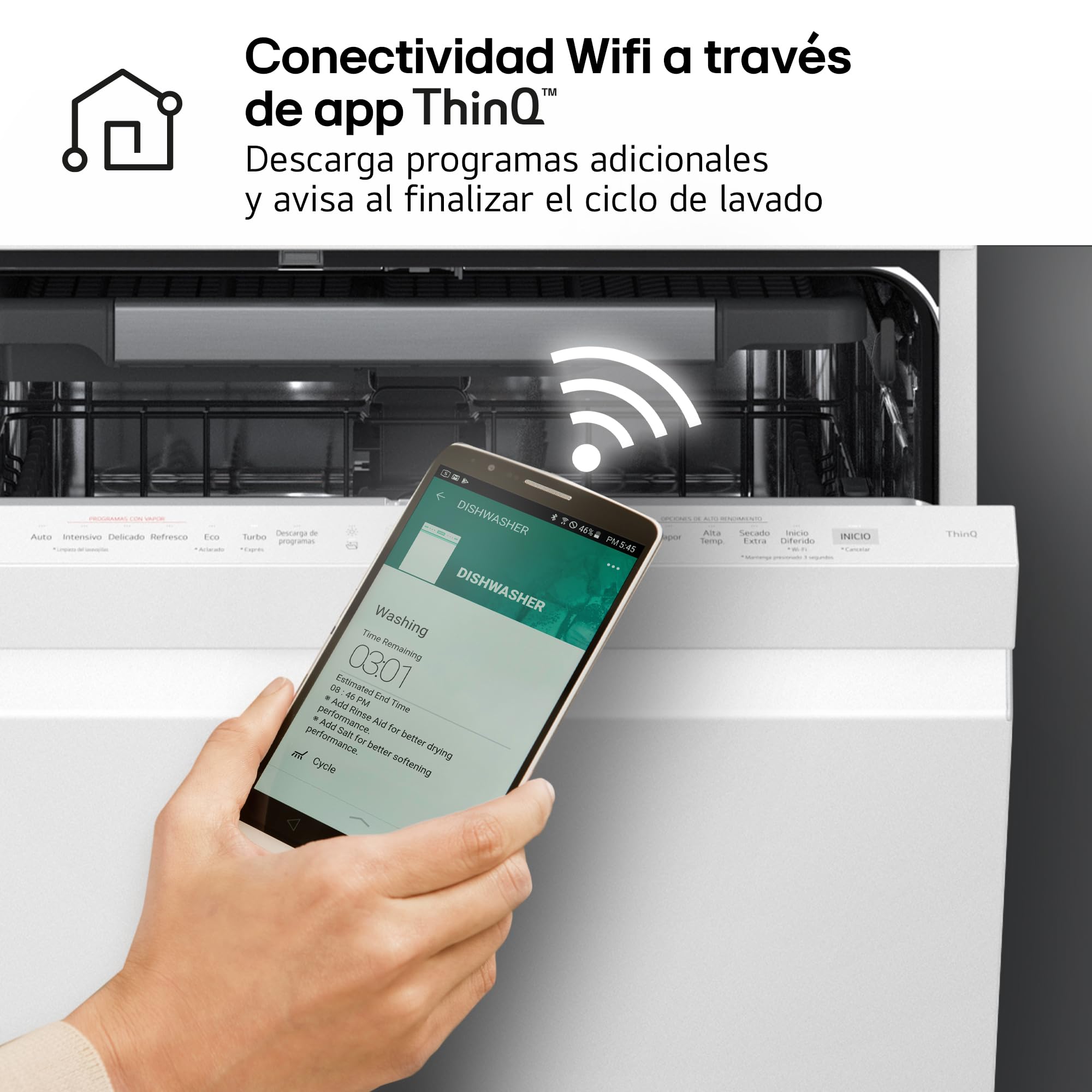 LG DF375HWS - Lavavajillas QuadWash Steam, Sistema EasyRack, Bandeja para Cubiertos, Wi-Fi ThinQ, TrueSteam, Apertura Automática, 14L, Eficiencia A, Blanco Marfil