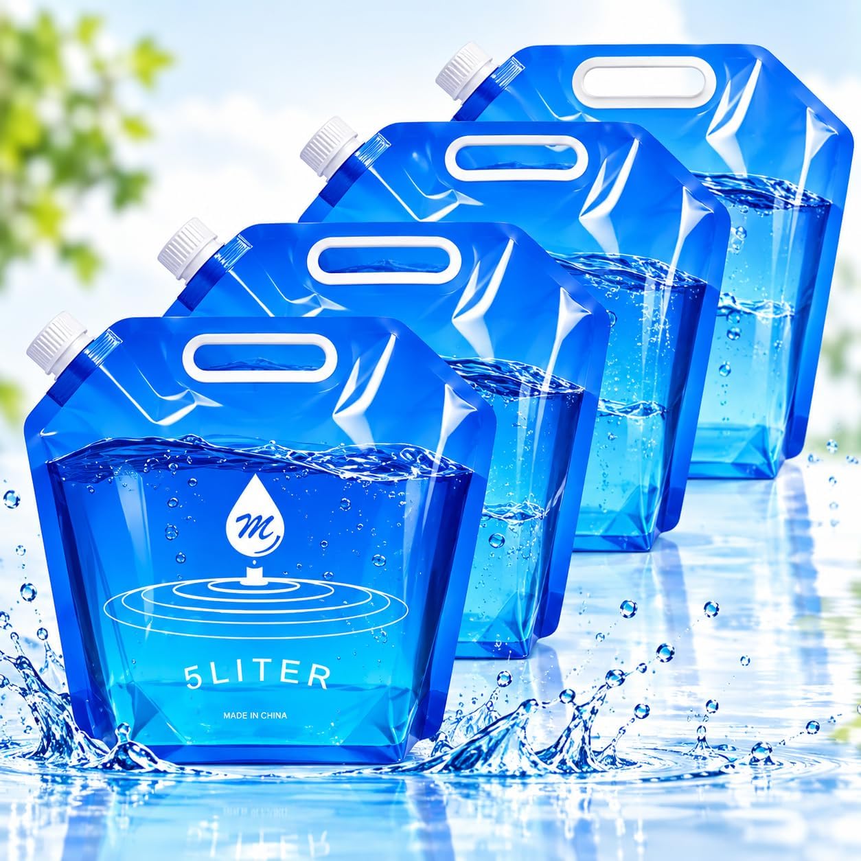 SOCATER Water Container Bags, 4 Packs BPA Free No-Leak Foldable Plastic 1.3 Gallon Water Container Bag for Camping Hiking Backpack Emergency Storage Jug