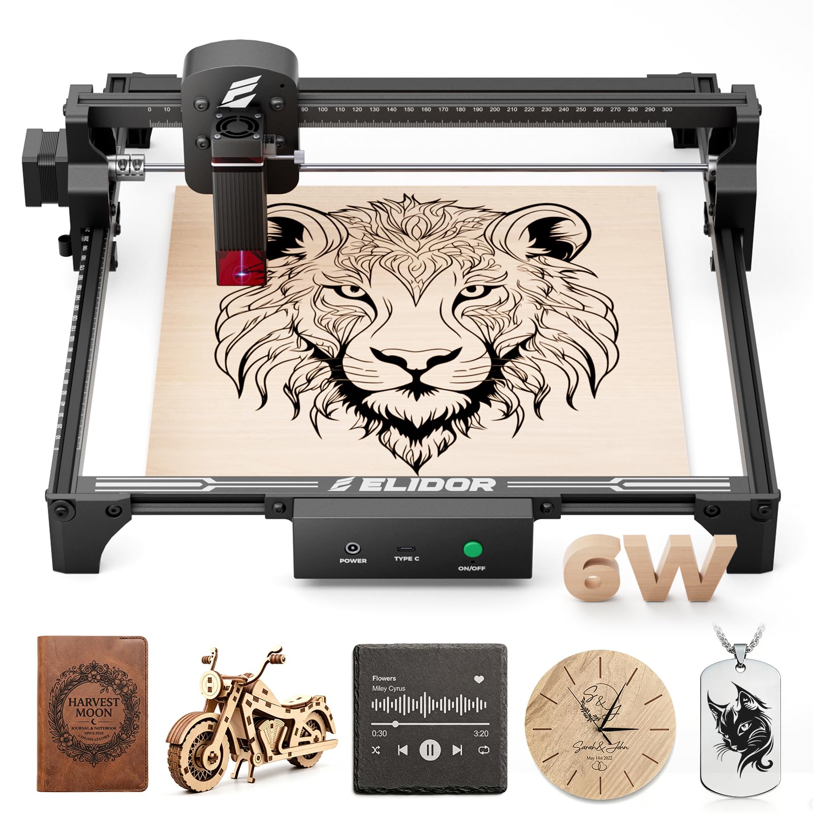 ELIDOR Z6 Machine de gravure laser 6 W, 0,01 mm, haute précision, zone de travail 300 x 300 mm, découpe laser pour bois, cuir, plastique, idéale pour les débutants et cadeaux personnalisés