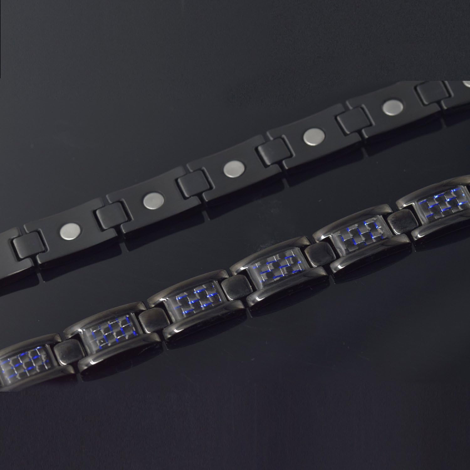 JFUME Magnetic Bracelets for Men Black Stainless Steel Bracelet with Blue Carbon Fiber, Includes Link Removal Tool, Adjustable Bracelet 8.5 Inch，Father's Day Gift for Dad
