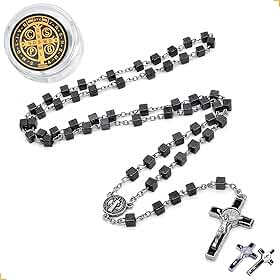 Terço São Bento Hematita 5mm Aço Inox 48cm – Rosário Católico Prateado – Medalha e Crucifixo Dupla Face – Corrente 33,5cm + Pêndulo 13cm - Colar Religioso