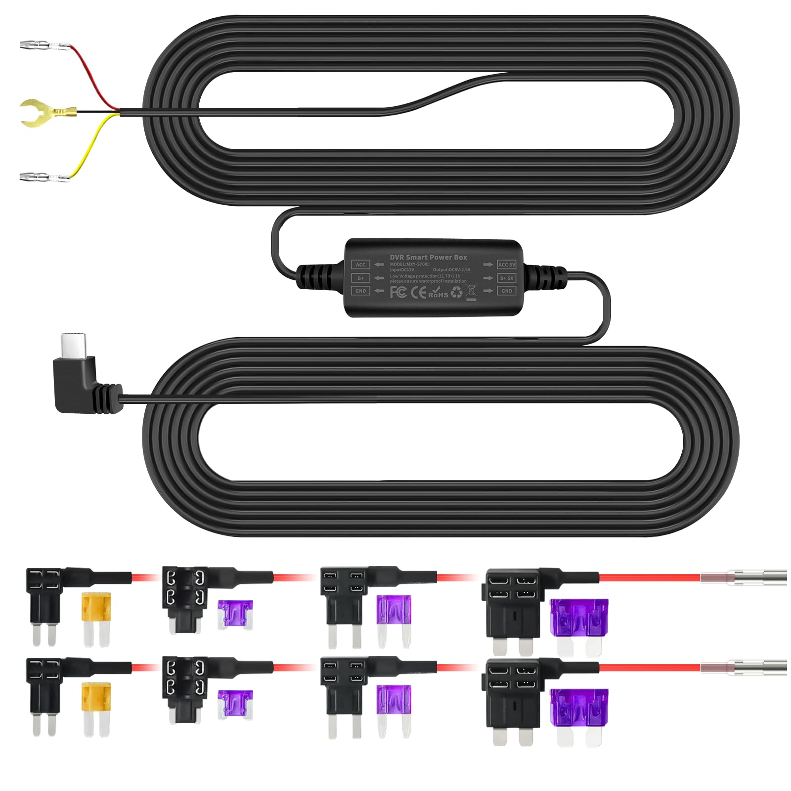 Universal Dashcam Hardwiring Kit with USB-C Power Port, Supporting 24-Hour Parking Monitoring and Low-Voltage Protection.