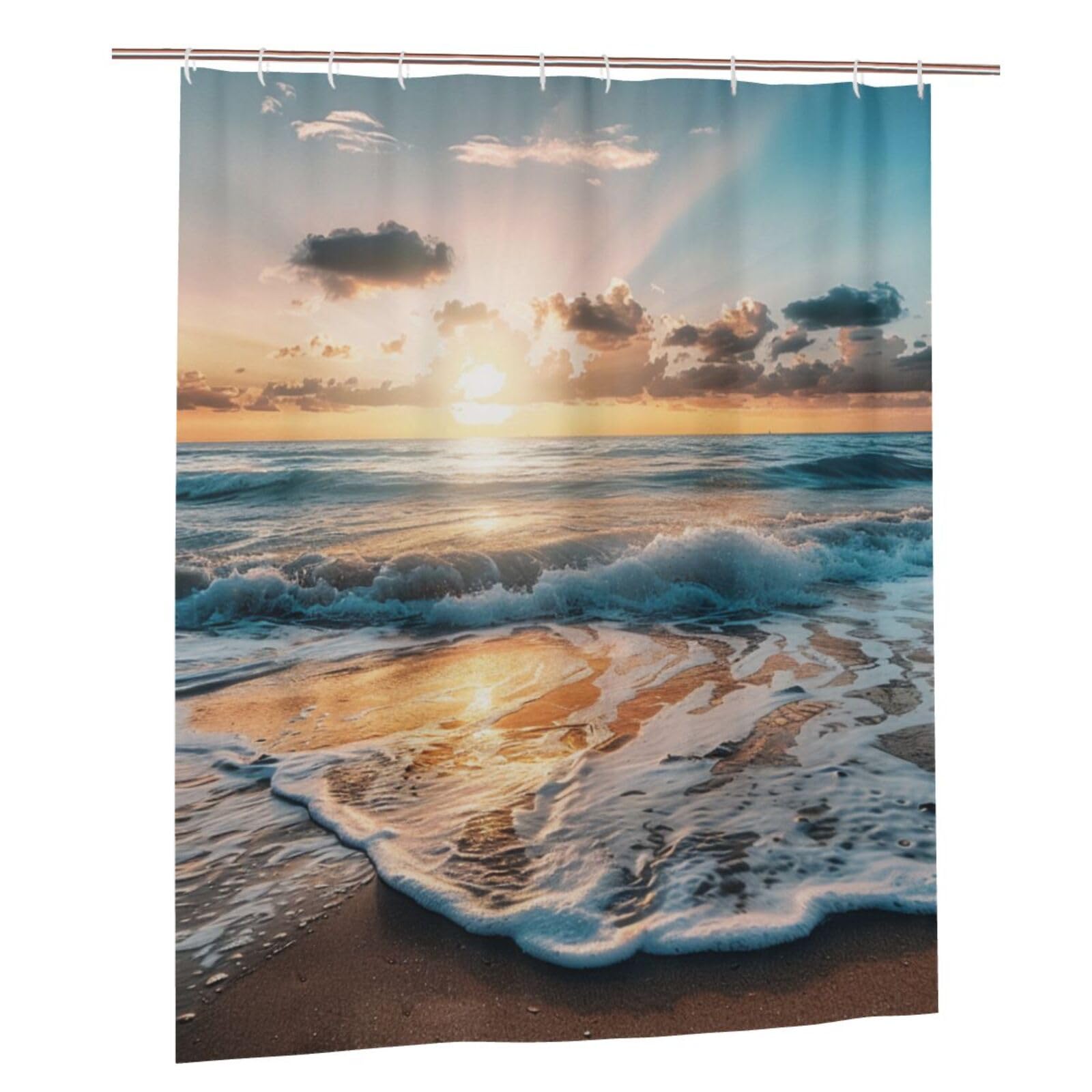 BWWHCCTI Beach Sunset Sea Waves Printed Shower Curtain With 12 Plastic Hooks Opaque Quick Drying Waterproof Shower Curtains Sets For Bathroom 152x183 Cm