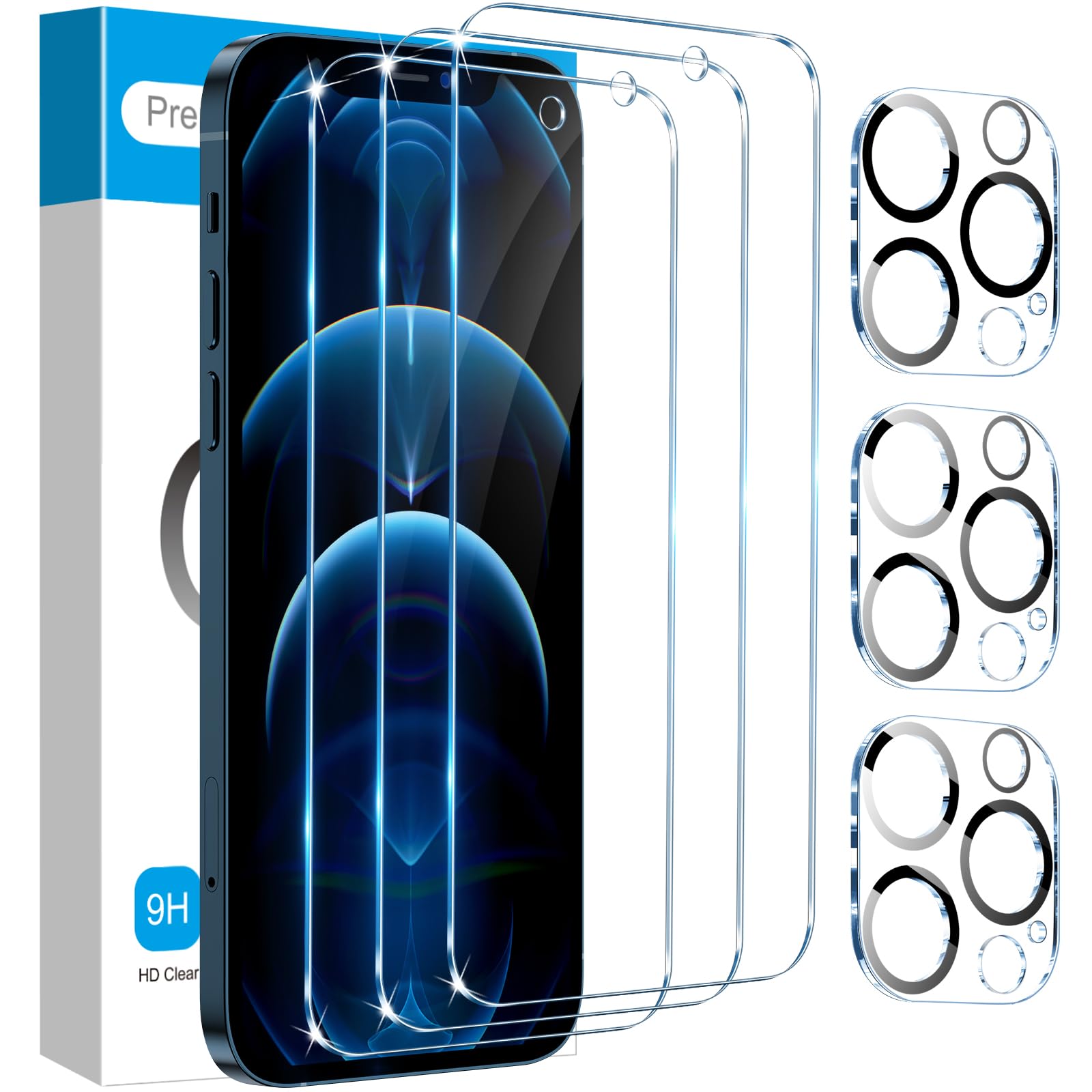 Fotbor for [3+3 Pack] iPhone 12 Pro Screen Protector with Camera Lens Protector, 9H Shatterproof Tempered Glass Film with Easy Installation Frame, HD