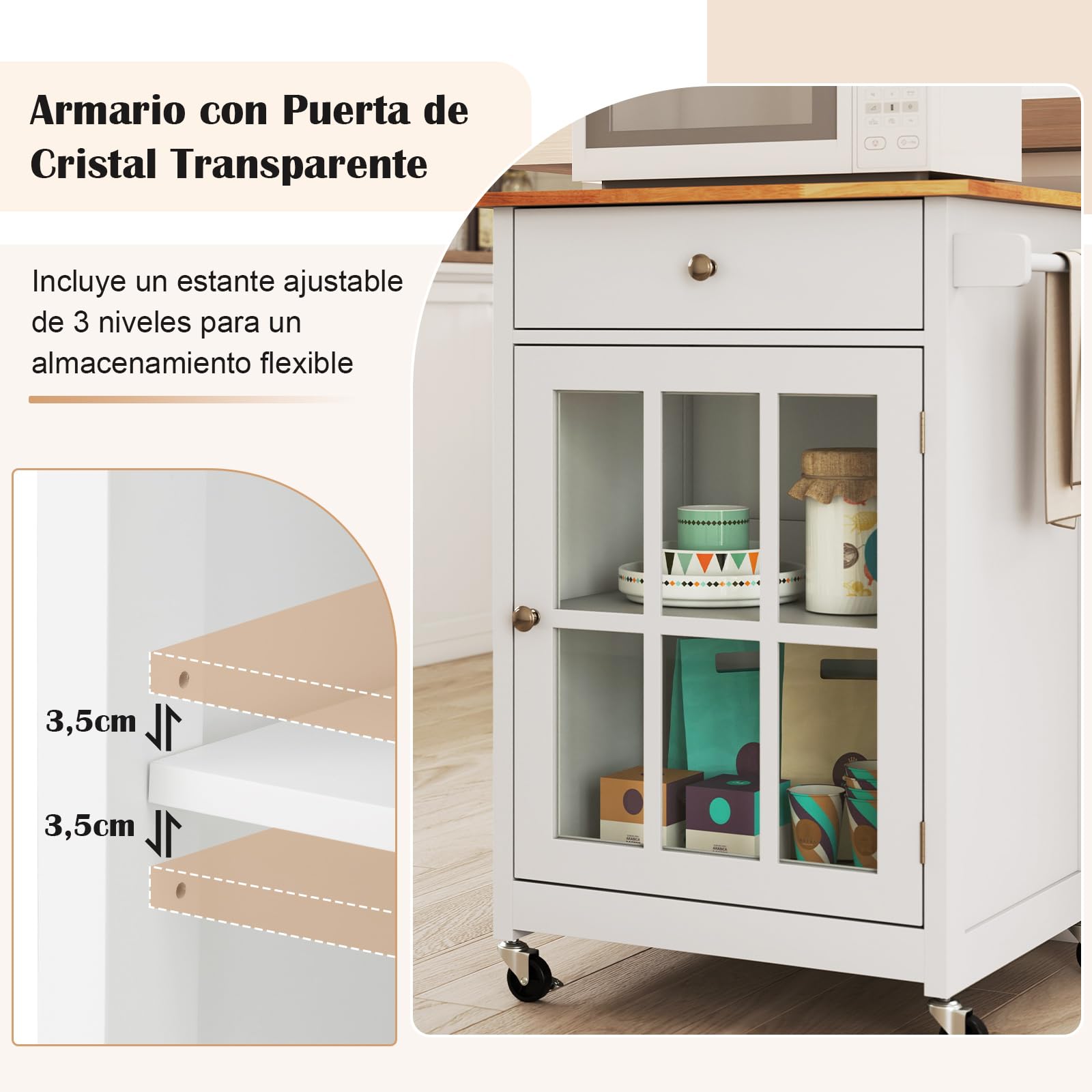 COSTWAY Carrito de Cocina, Isla de Cocina con 4 Ruedas, Tablero de Madera de Caucho, Cajón, Toallero, Estante Ajustable de 3 Niveles, Puerta de Vidrio Templado, Carro de Servicio para Comedor