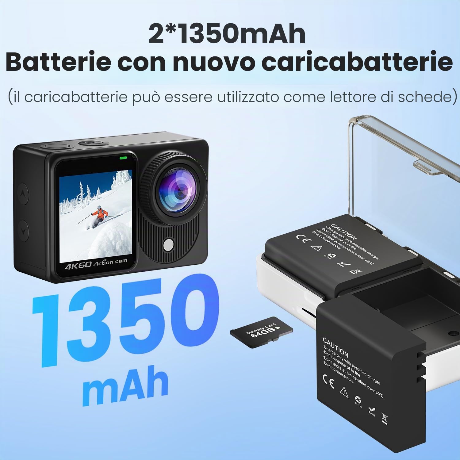 Dualscreen 4K60FPS Action Cam con scheda 64G, Fotocamera Subacquea 40M,48MP Touchscreen WiFi Videocamera con EIS, zoom 8X, impermeabile Telecamera Sportiva con 2 batterie da 1350 mAh