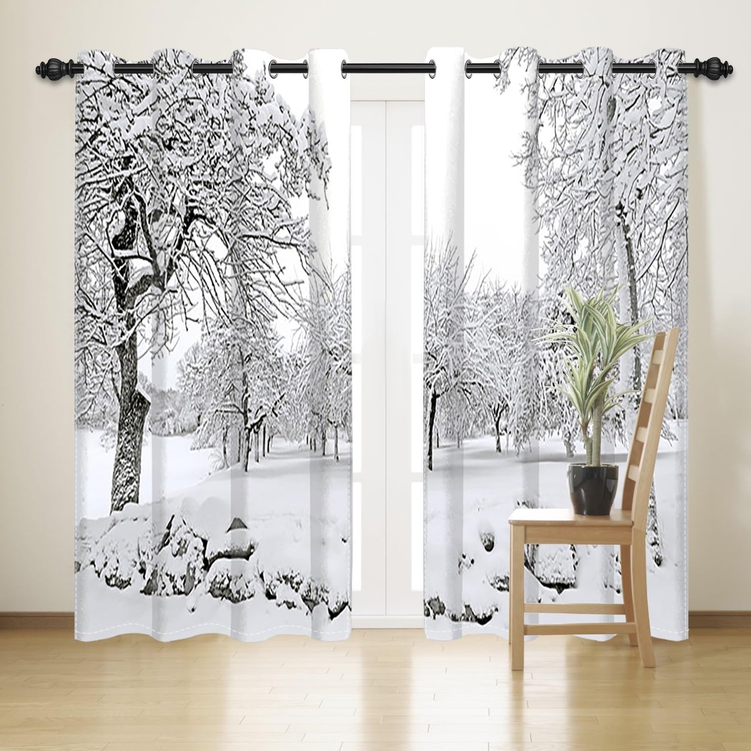 Gardinen Weiß, Vorhänge Waldmotiv Weihnachten Schneeflocke Landschaft Thermogardinen Blickdicht mit Ösen Verdunklungsvorhänge für Wohnzimmer Schlafzimmer Kinderzimmer, 2er Set, 140Bx225Hcm