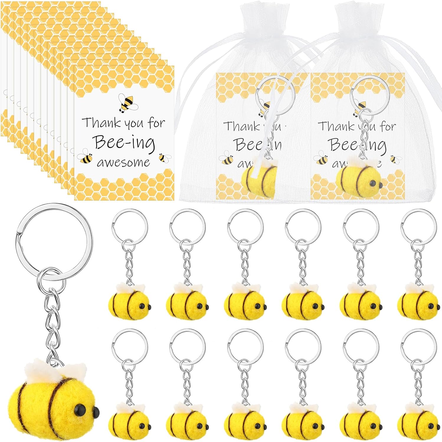 Loetere 12 Pack Cute Felt Bee Keychains with Inspirational Cards & Organza Bags - Employee Appreciation Thank You Gifts for Coworkers Teachers Nurses