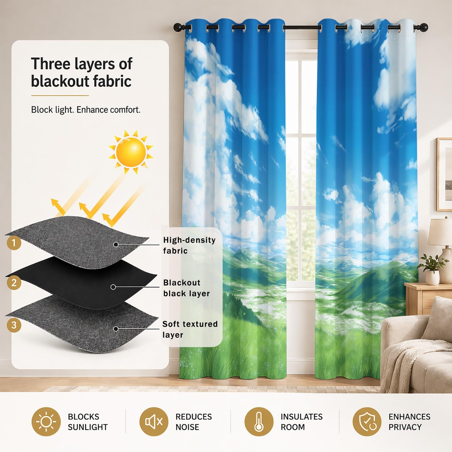 Rideaux Occultants Esthétique Couleurs Douces, Paisible 140L X 180H cm Ciel Bleu, Collines, Nuages duveteux – Isolation Thermique et Protection de l'Intimité, 2 Panneaux pour Chambre d'Enfant