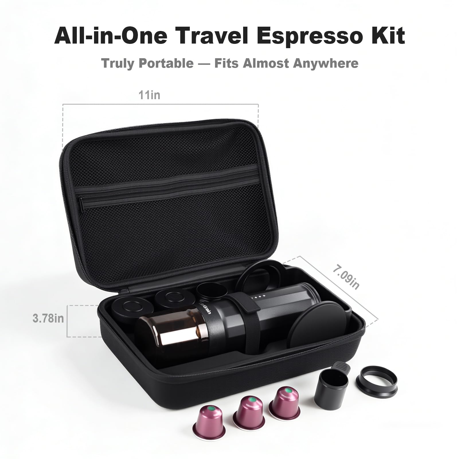 Cafetera espresso portátil para camping, viajes y exteriores, cafetera eléctrica de 20 bares, USB-C para coche/caravana/oficina, autocalentamiento rápido con soporte y funda, café molido y