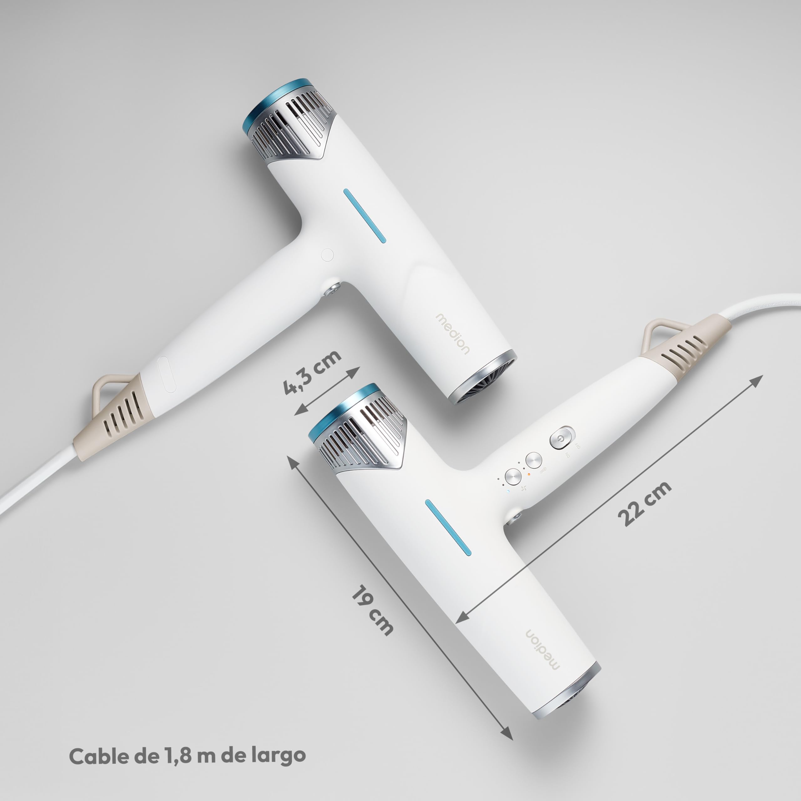 Secador de pelo MEDION HD2 (tecnología iónica, 1.500 vatios, difusor versátil y boquillas de peinado, motor BLDC de larga duración, función de autolimpieza, cable de alimentación largo) blanco