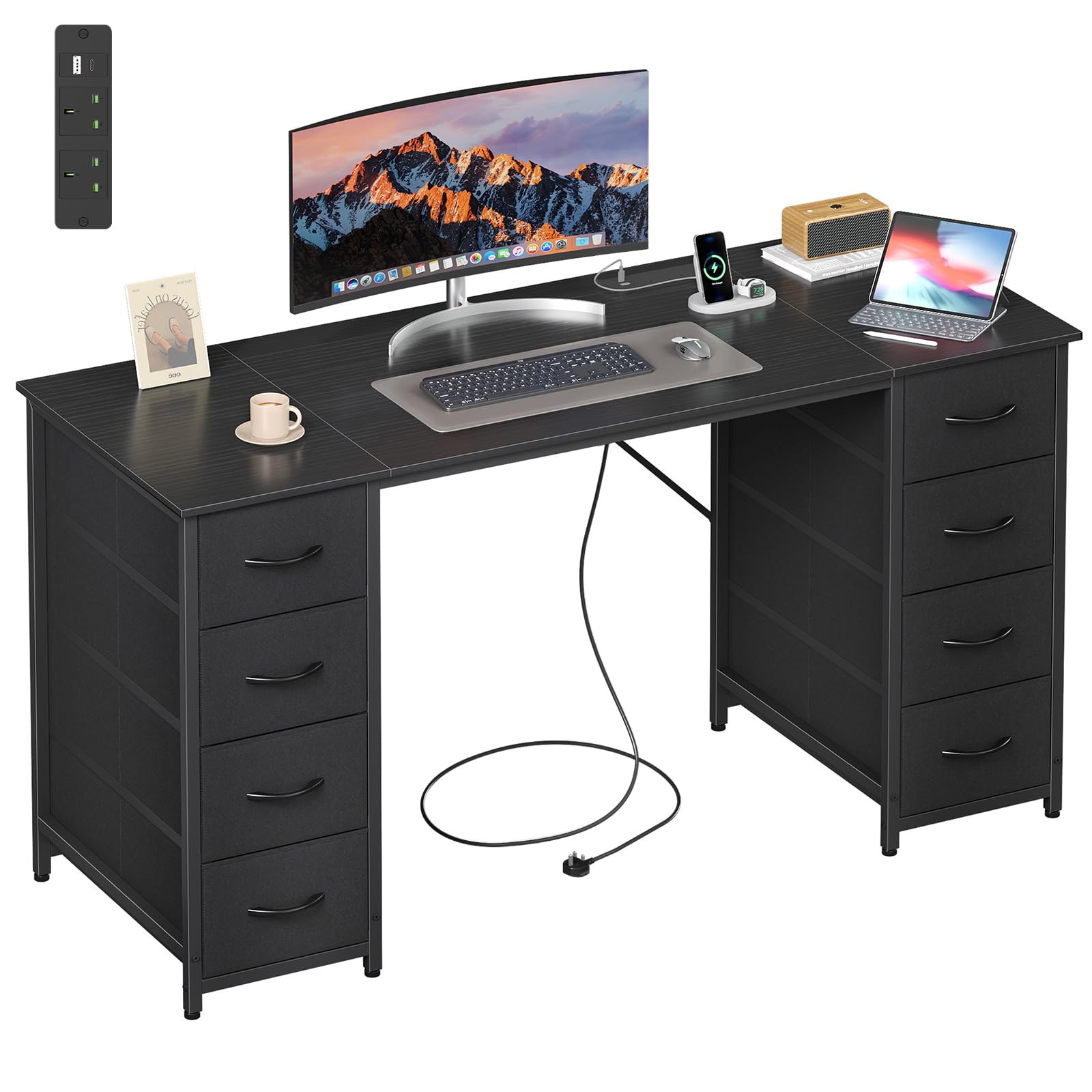 Somdot Computer Desk with 8 Fabric Drawers, Home Office, 140 x 48 cm, Black