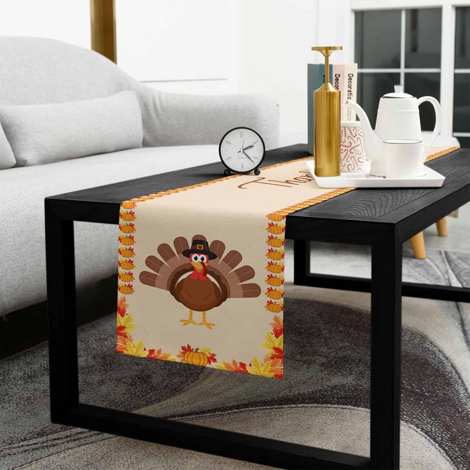 Thanksgiving Table Runner Burlap Table Runner, Fall Harvest Thanksgiving Day Turkey Pumpkins Autumn Maple Leaf Holiday Table Runners 120 inches for Home Kitchen Party Dining/Coffee Tables Decor