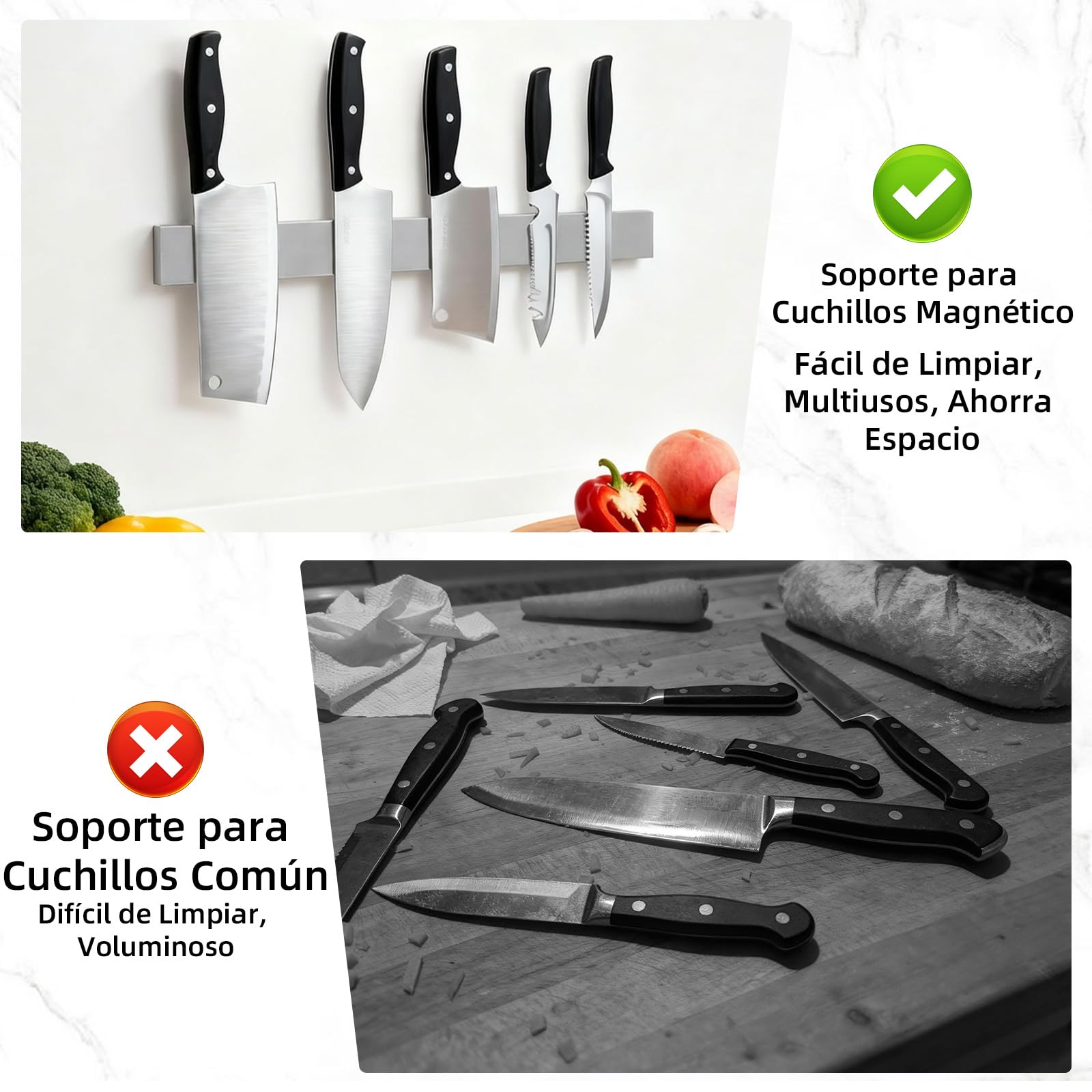 30cm Barra Magnética para Cuchillos Acero Inoxidable, Soporte Iman Cuchillos Cocina, Portacuchillas Magnético, Soporte Magnético Cuchillos con Autoadhesivo, Iman Cuchillos Pared para Espátulas Tijeras — view 6