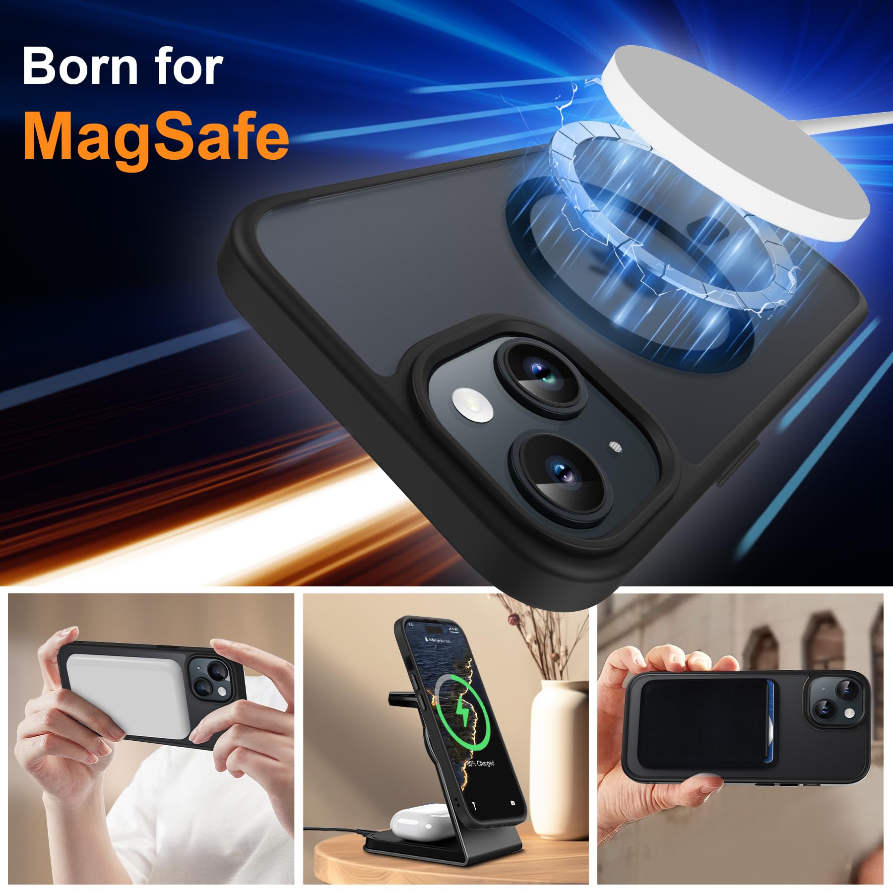 ORETECH Magnetica Cover per iPhone 15 Plus Custodia iPhone 15 Plus con 2 Pezzi Pellicola Protettiva in Vetro Temperato & 1 Pezzi Pellicola Fotocamera Antiurto Ultra Sottile Hard PC Cover-Nero